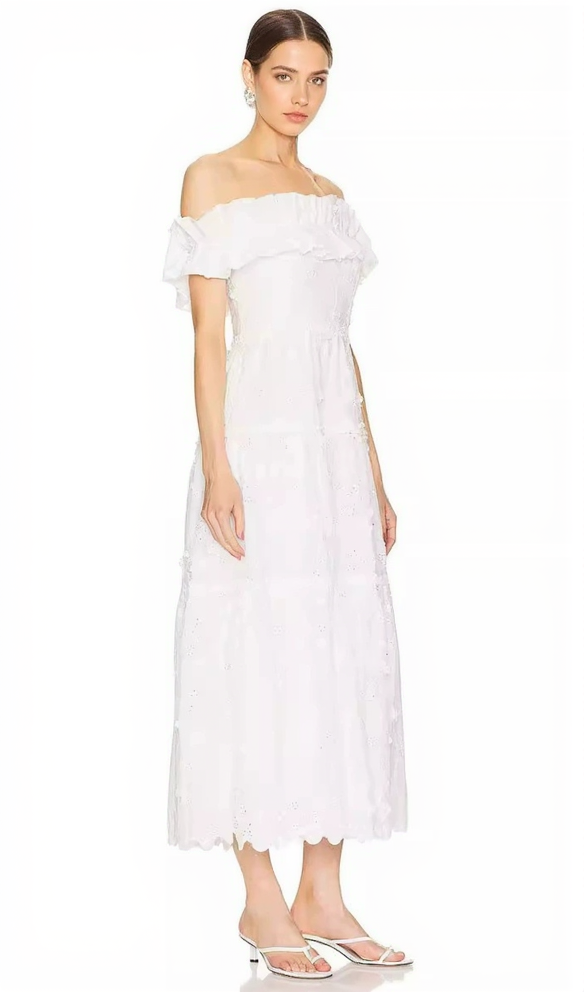 AIIZIE RUFFLE NECKLINE HIGH SPLIT MIDI DRESS IN WHITE - product image