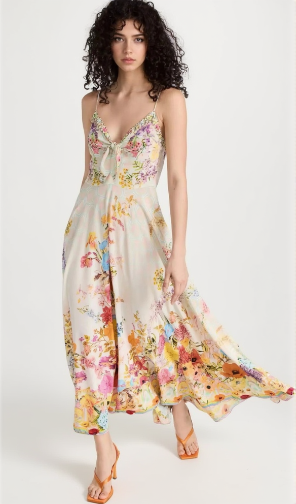 MIDIKLEID AUS SEIDE MIT BLUMENPRINT UND SCHLEIFE