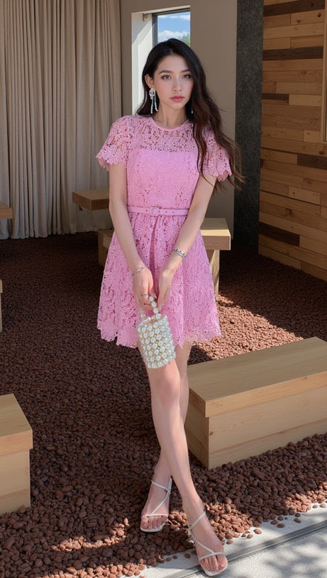 PINK GUIPURE ROUND NECK MINI DRESS