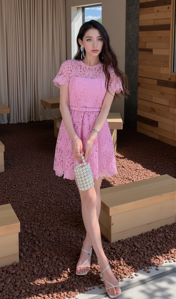 PINK GUIPURE ROUND NECK MINI DRESS