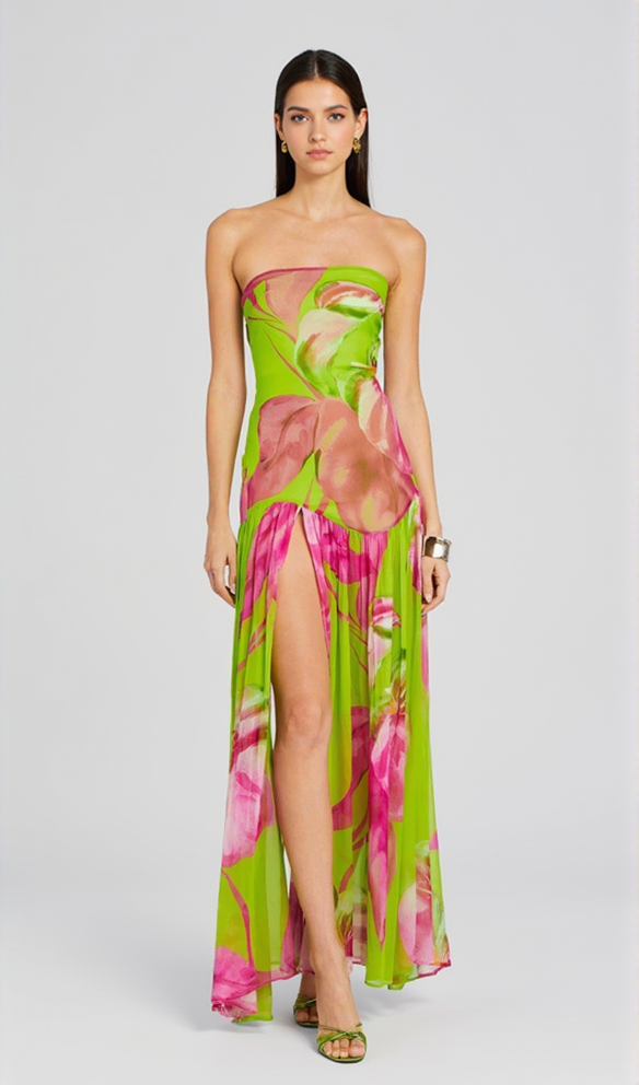 STRAPLESS SILK MAXI DRESS IN LIME ANTHURIUM