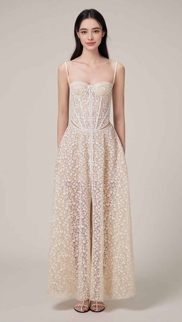 AIIZIE TESS LACE STITCHING HOLLOW SLIT MAXI DRESS IN APRICOT - product image