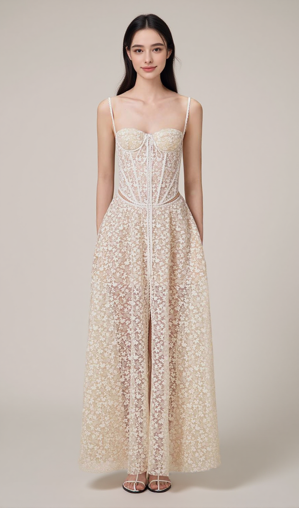 TESS LACE STITCHING HOLLOW SLIT MAXI DRESS IN APRICOT