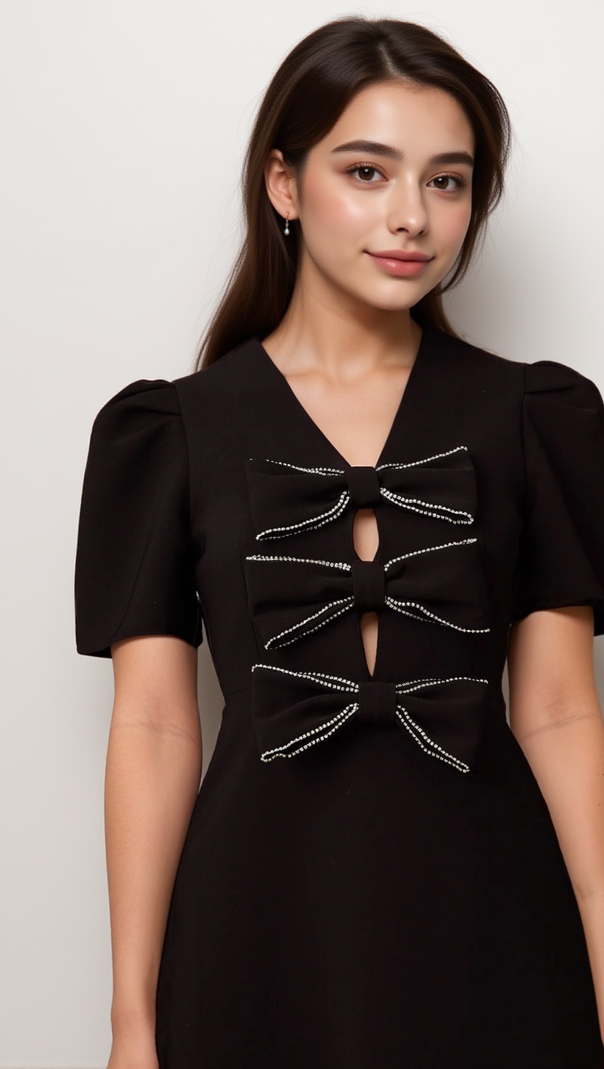 AIIZIE TANIA BLACK BOWKNOT EMBELLISHED MINI DRESS - product image
