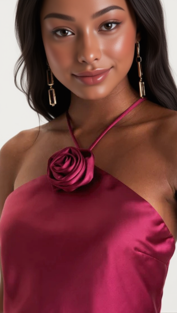 AIIZIE SWEET PROSE MAGENTA SATIN ROSETTE HALTER NECK MINI DRESS - product image