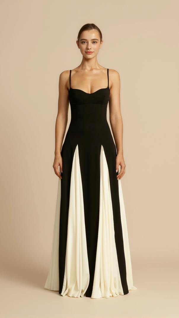 AIIZIE CLOTILDE CONTRAST COLOR SUSPENDER MAXI DRESS IN BLACK - product image