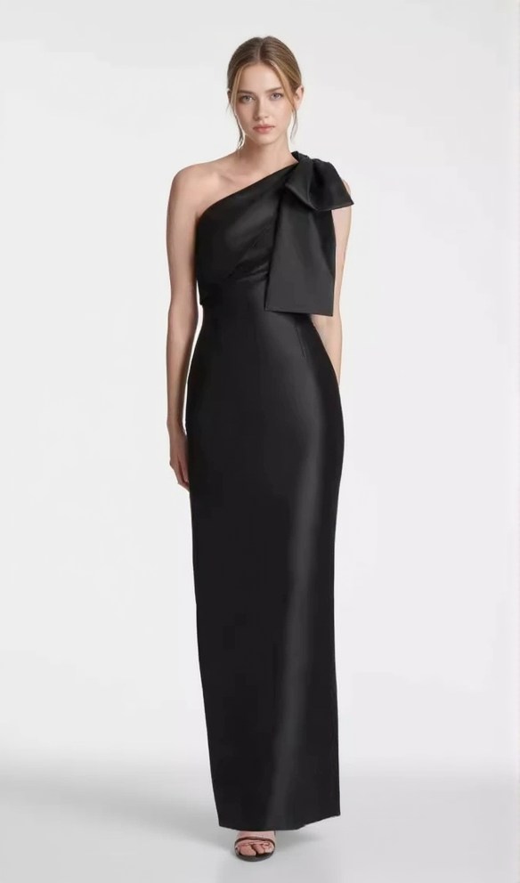ONE-SHOULDER BOW MAXI DRESS IN BLACK