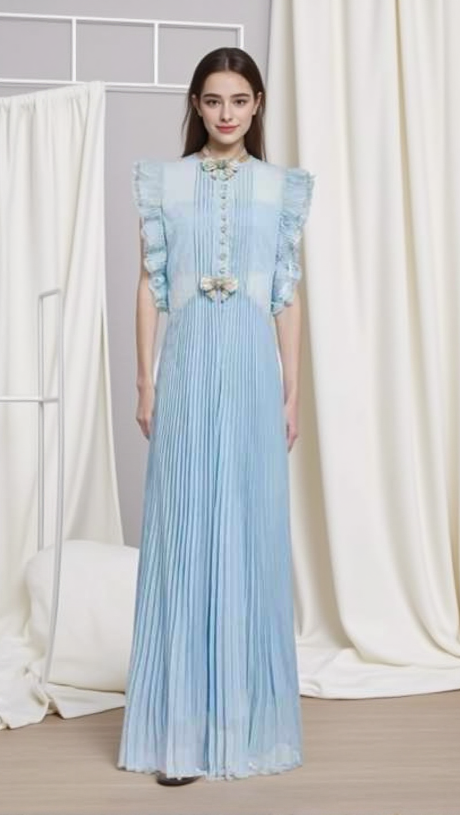 CHIFFON RUFFLED MAXI DRESS IN BLUE