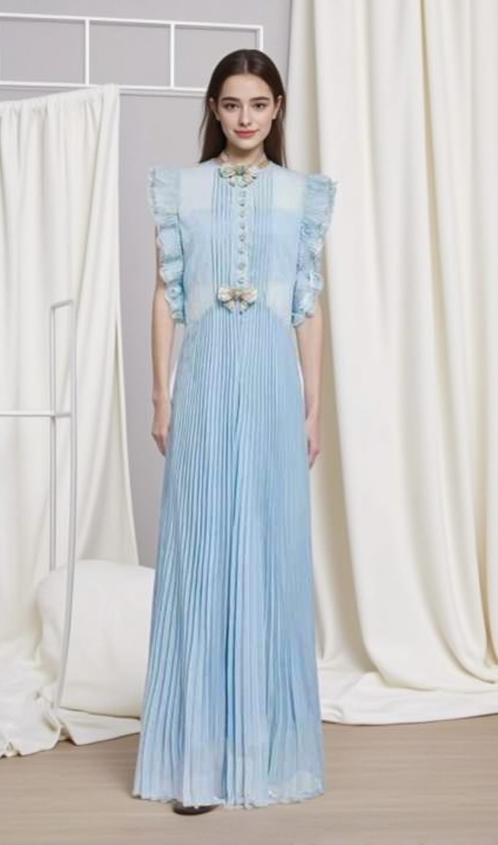 CHIFFON RUFFLED MAXI DRESS IN BLUE