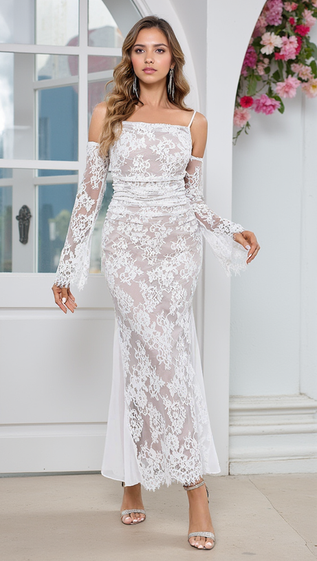 LONG SLEEVE DRAPED LACE MAXI DRESS IN WHITE