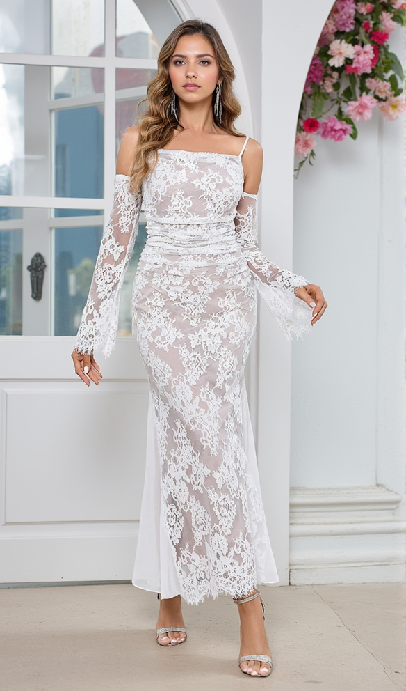 LONG SLEEVE DRAPED LACE MAXI DRESS IN WHITE