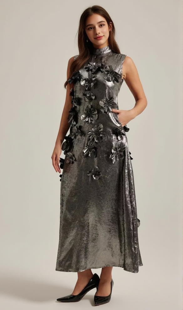 AIIZIE 3D FLORAL EMBELLISHED MAXI DRESS IN GREY - product image