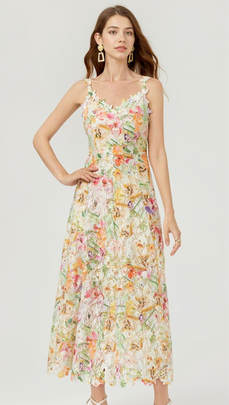 MULTICOLOR FLORAL EMBROIDERED MIDI DRESS