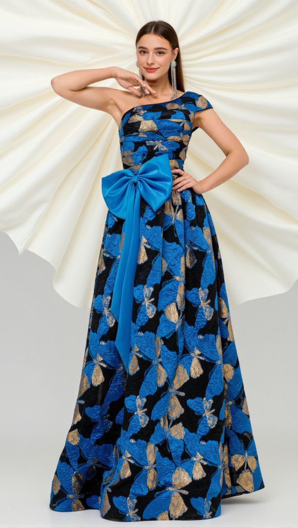 AIIZIE PLEATED JACQUARD BOW FLORAL A-LINE DRESS - product image