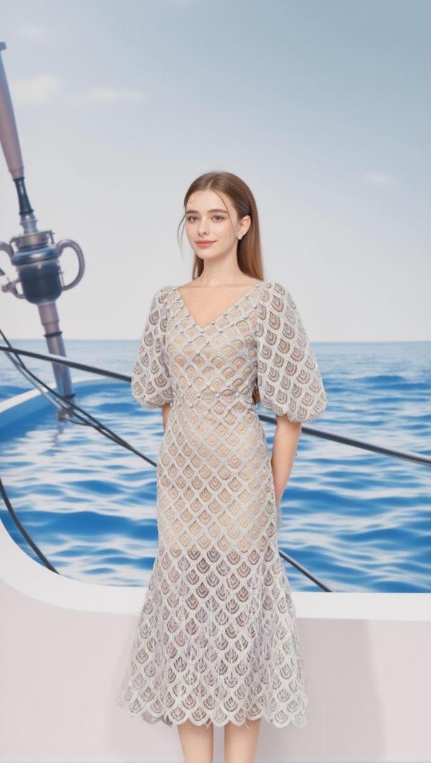 AIIZIE CIARA TRUMPET BISHOP SLEEVED LACE MIDI DRESS - product image