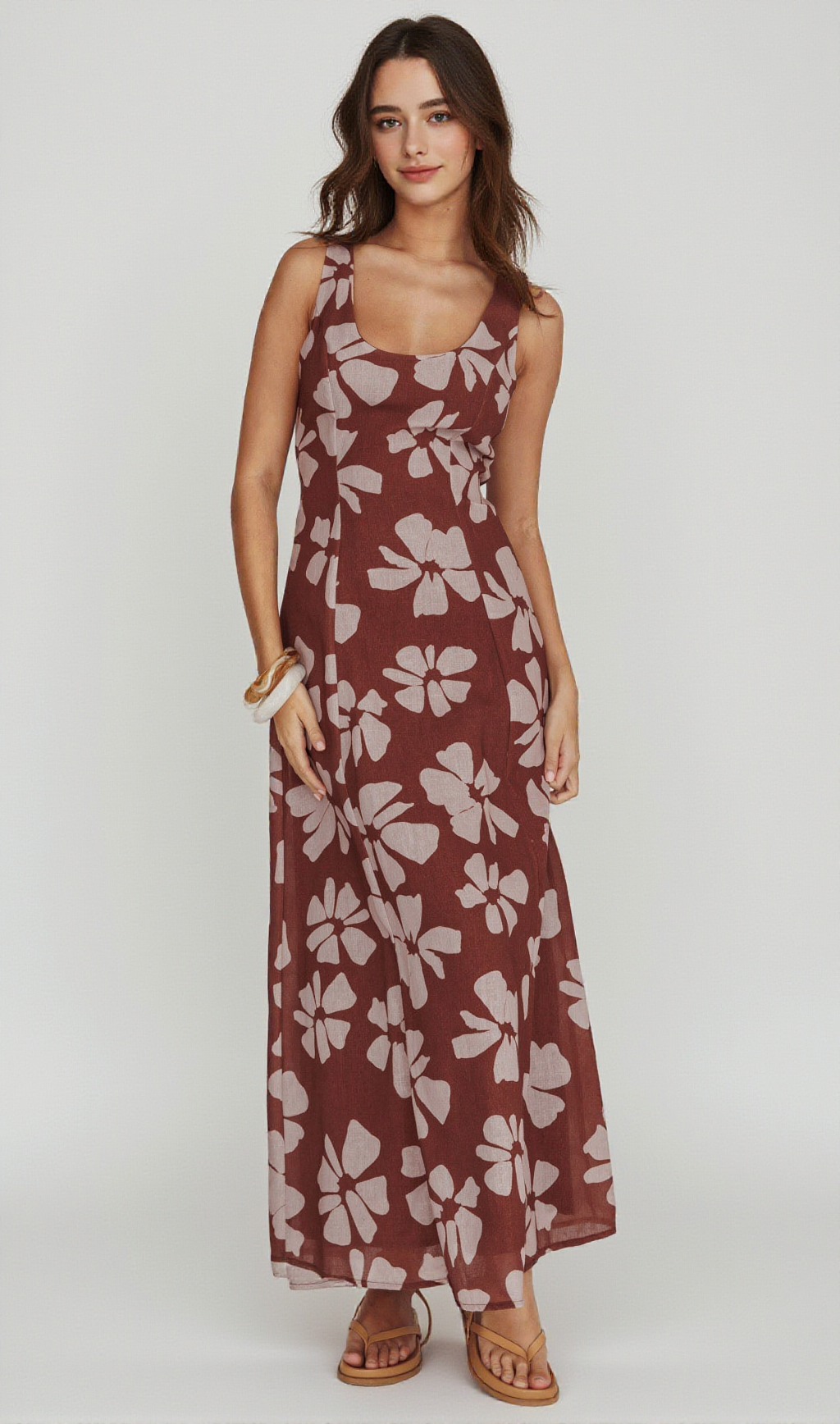 LILLIA FLORAL A-LINE MAXI DRESS BROWN
