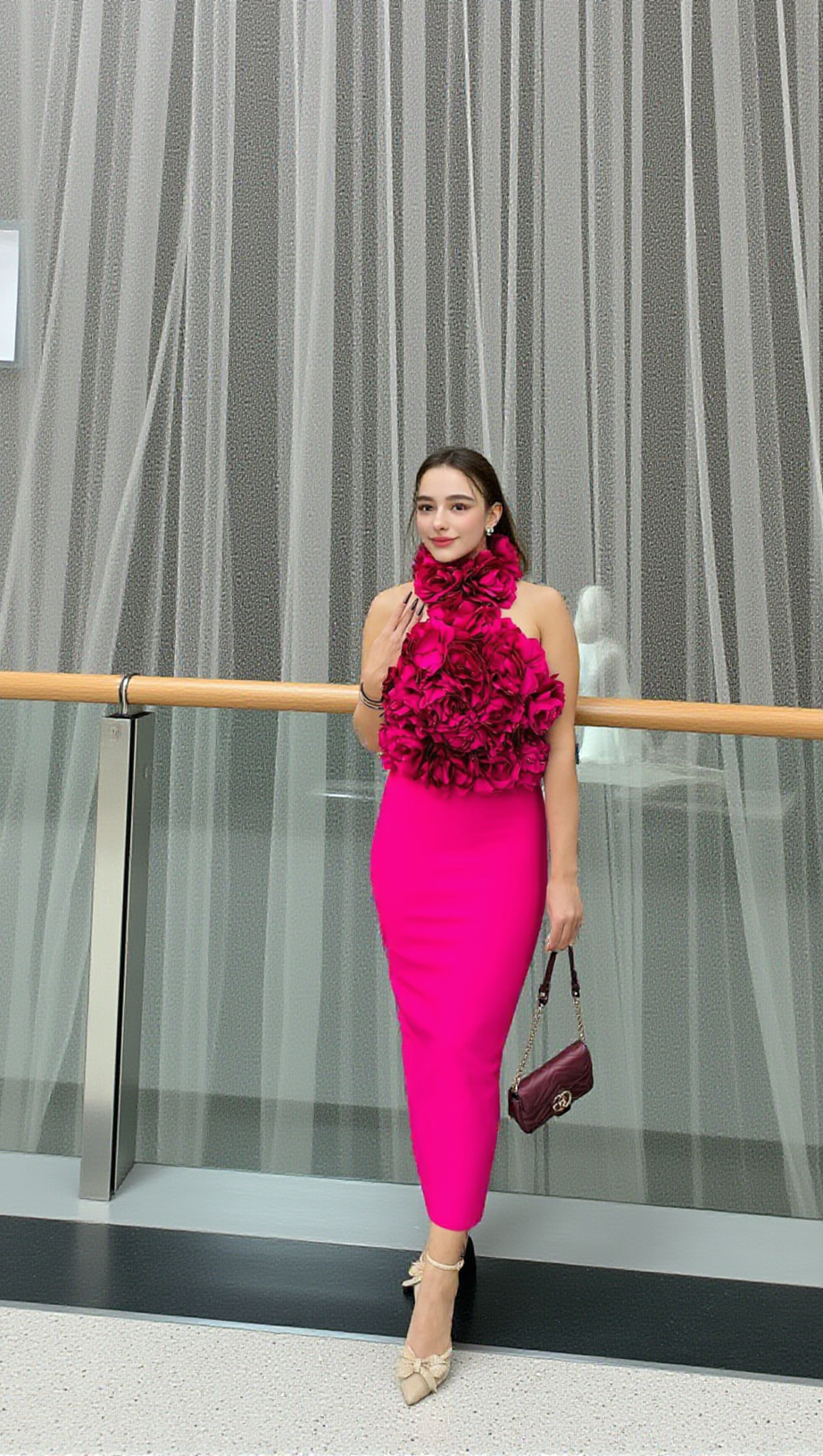 ABITO MIDI CON FASCE A FIORI ROSA SCURO