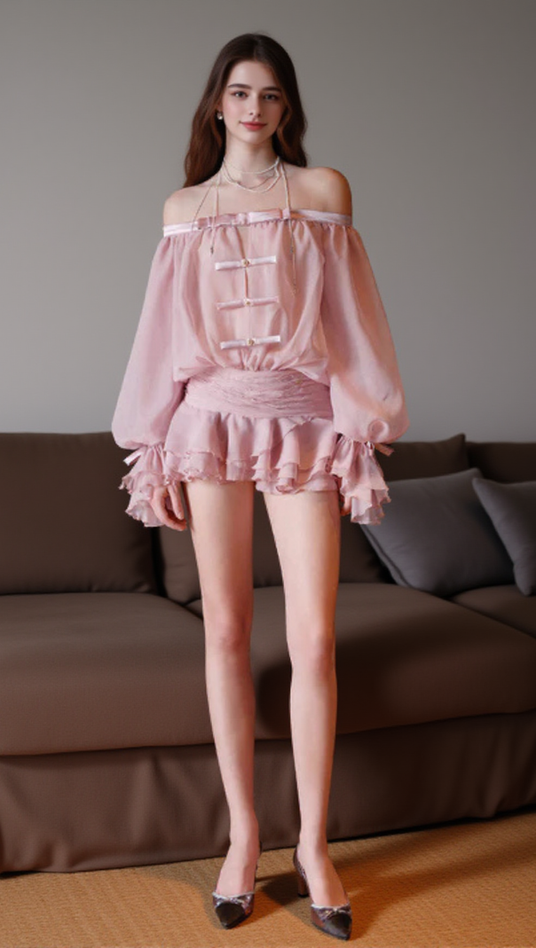 AIIZIE PUFF SLEEVE STRAPLESS MINI DRESS IN MISTY PINK - product image