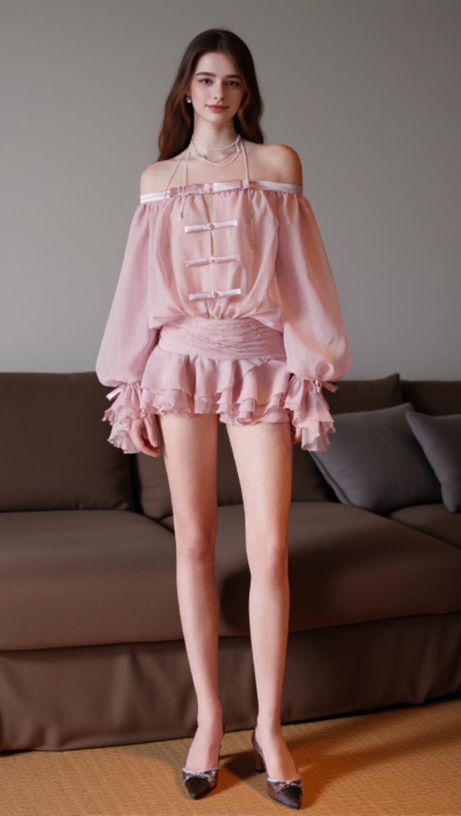 trägerloses Minikleid mit Puffärmeln in Nebelrosa