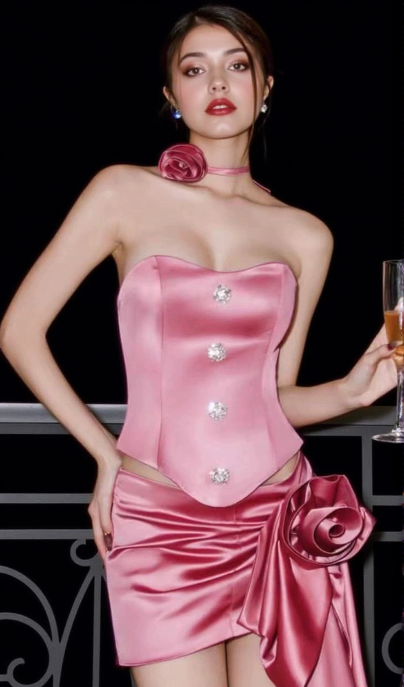 Bernsteinrosa Satin-Blumenrock-Set