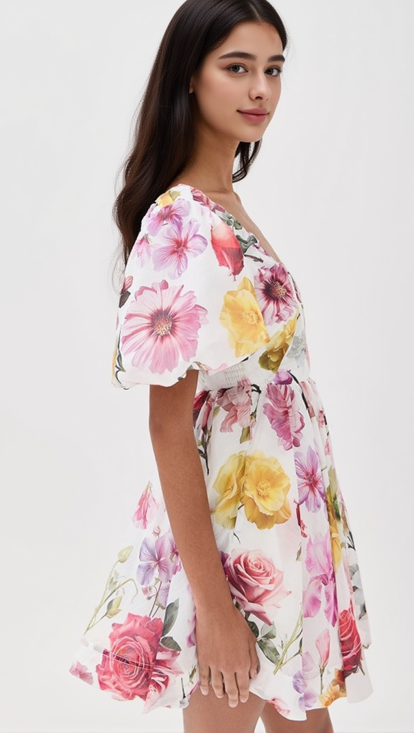 AIIZIE VANESSA PUFF SLEEVE COLLAGE FLEUR MINI DRESS - product image