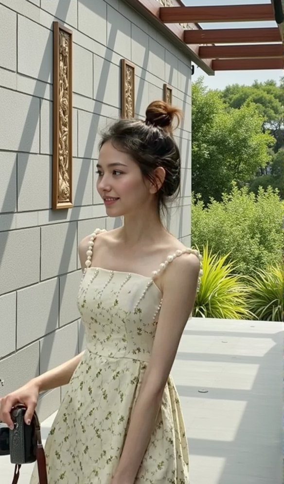 GRÜNES MIDIKLEID MIT PERLTRÄGERN UND DRUCK