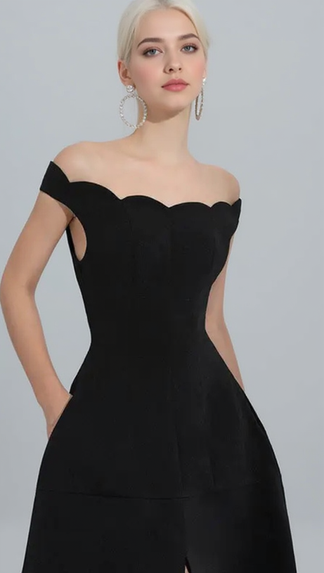 BLACK OFF-SHOULDER SCALLOPED NECKLINE SLIT MIDI DRESS