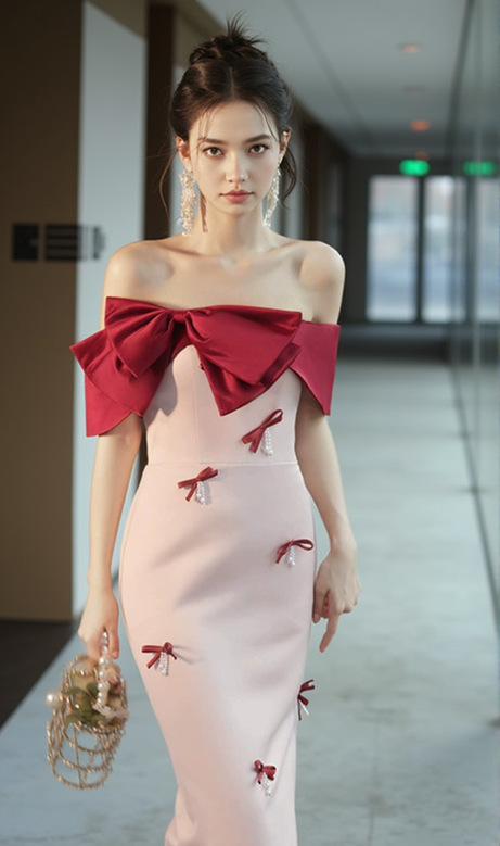 ABITO MIDI CON FIOCCO DI PERLE FINTE ROSA PALLIDO