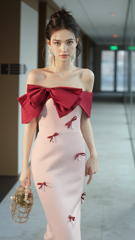 FAUX PEARL BOW MIDI DRESS IN PALE PINK
