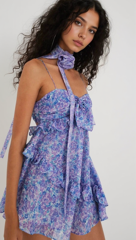 MINI ABITO CON VOLANT E DECORAZIONI FLOREALI