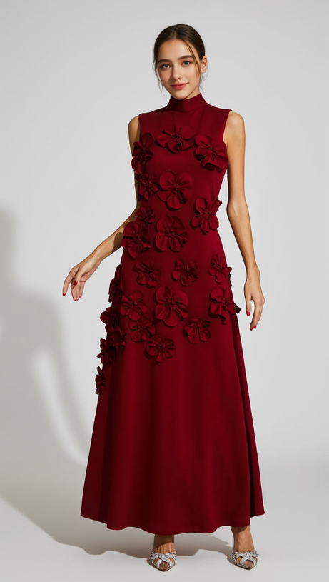 ANNONA RED FLOWER EMBELLISHED MAXI DRESS