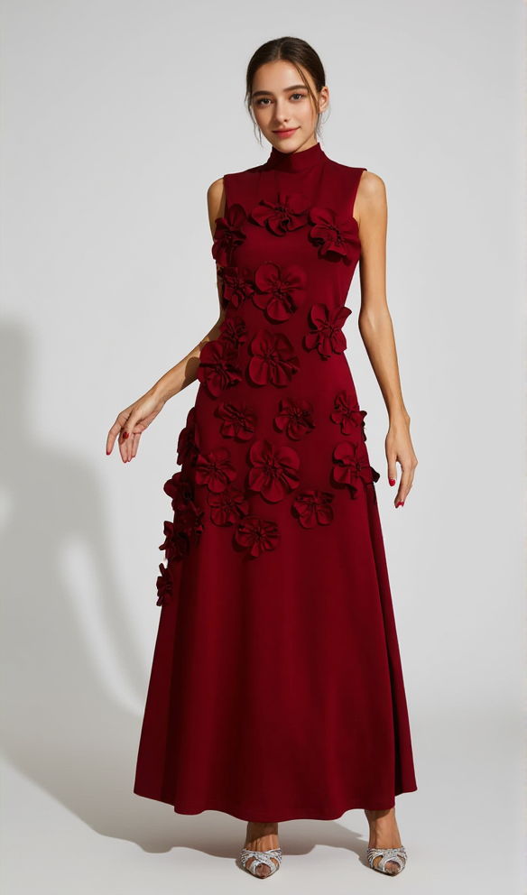 ANNONA RED FLOWER EMBELLISHED MAXI DRESS