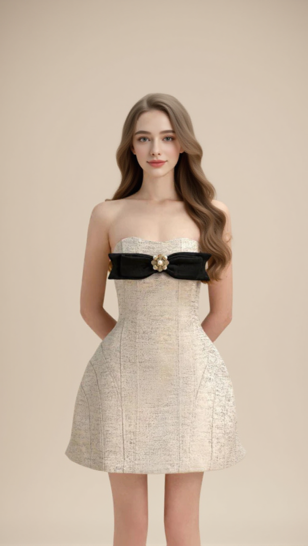 AIIZIE TINA STRAPLESS BOW JACQUARD MINI DRESS IN PINK BEIGE - product image
