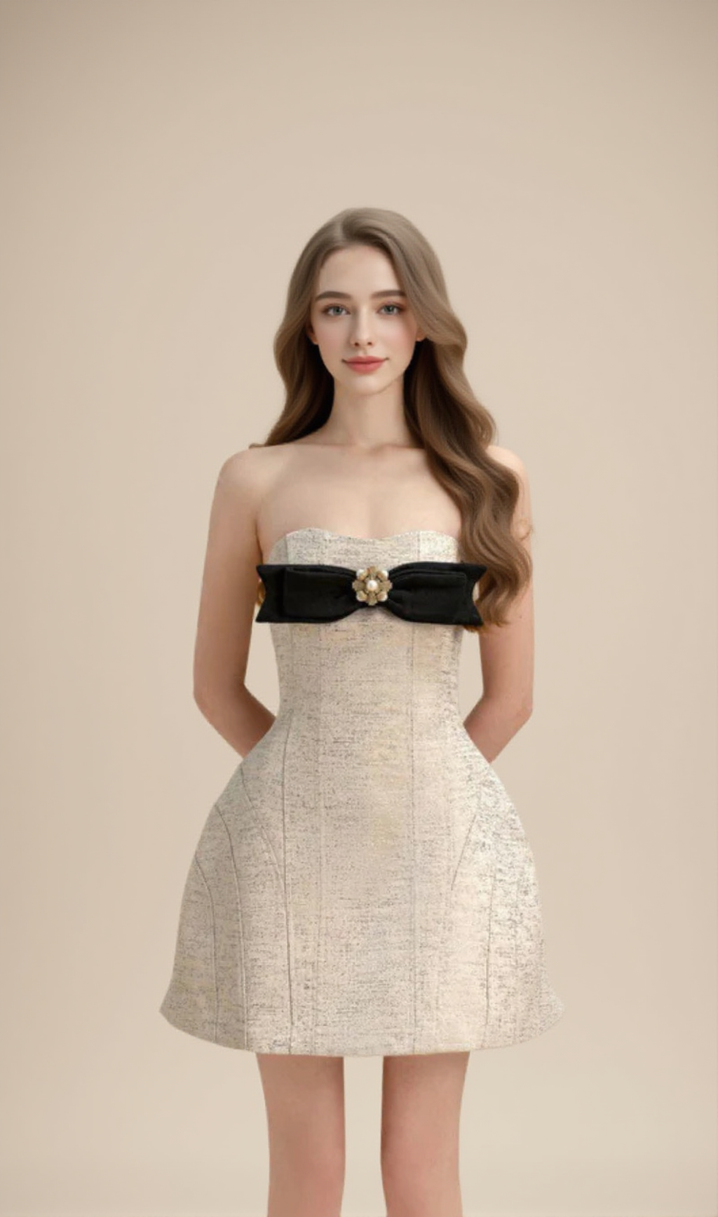 TINA STRAPLESS BOW JACQUARD MINI DRESS IN PINK BEIGE