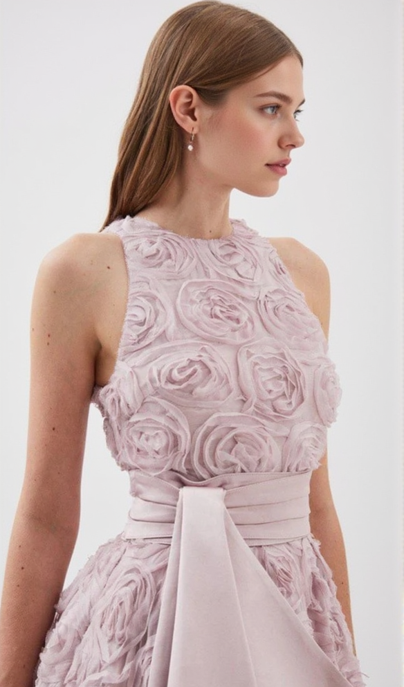 ROSETTE TULLE SATIN WOVEN BELT MIDI DRESS IN PINK