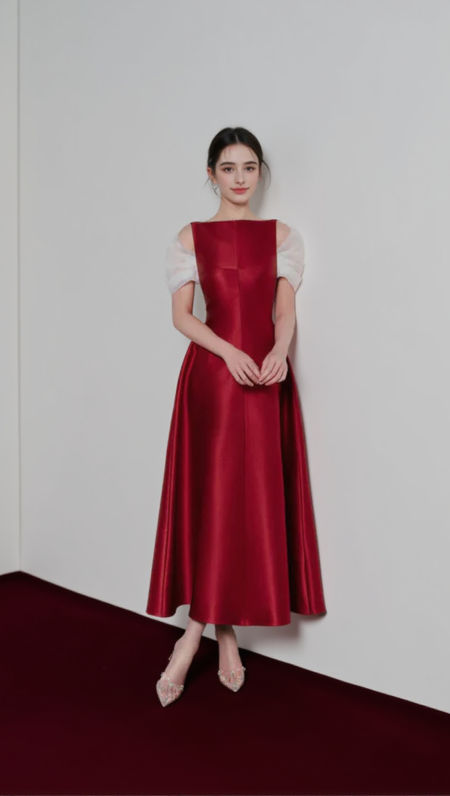ELFA BOAT-NECK MIDI DRESS IN RED