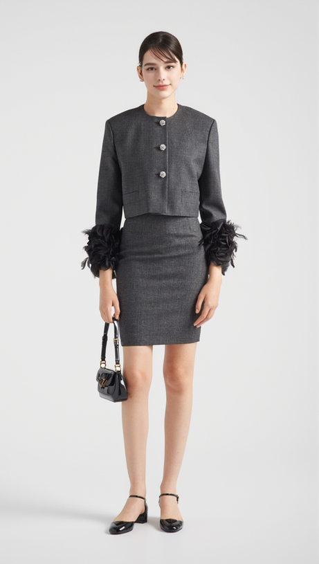 FEATHER-TRIM SINGLE-BREASTED WOOL JACKET