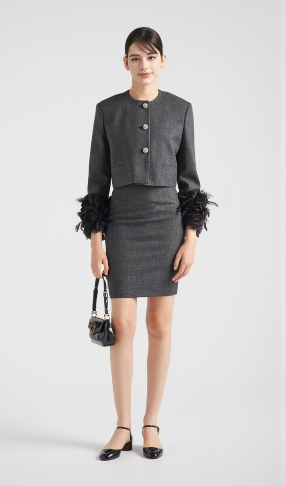 FEATHER-TRIM SINGLE-BREASTED WOOL JACKET