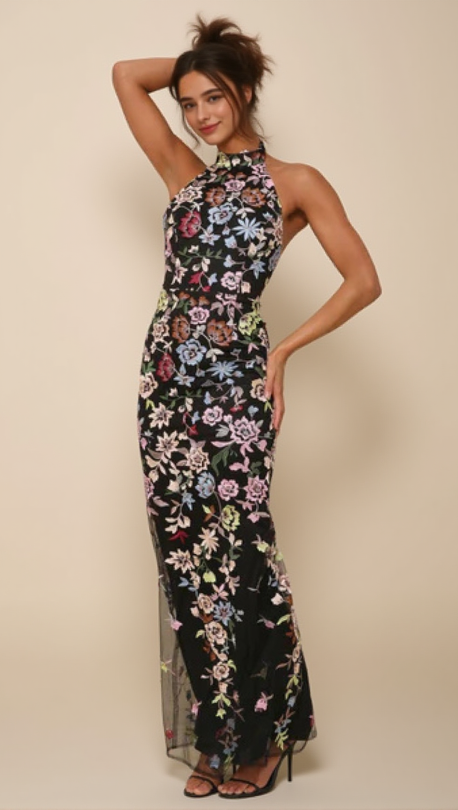 3D FLORAL EMBROIDERED HALTER MAXI DRESS IN BLACK
