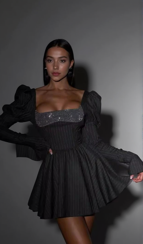 PUFF LANGARM KRISTALLKORSETT A-LINIENKLEID IN SCHWARZ