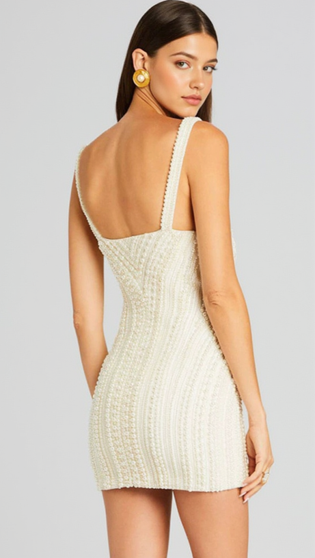 PEARL STUDDED WHITE MINI BODYCON DRESS