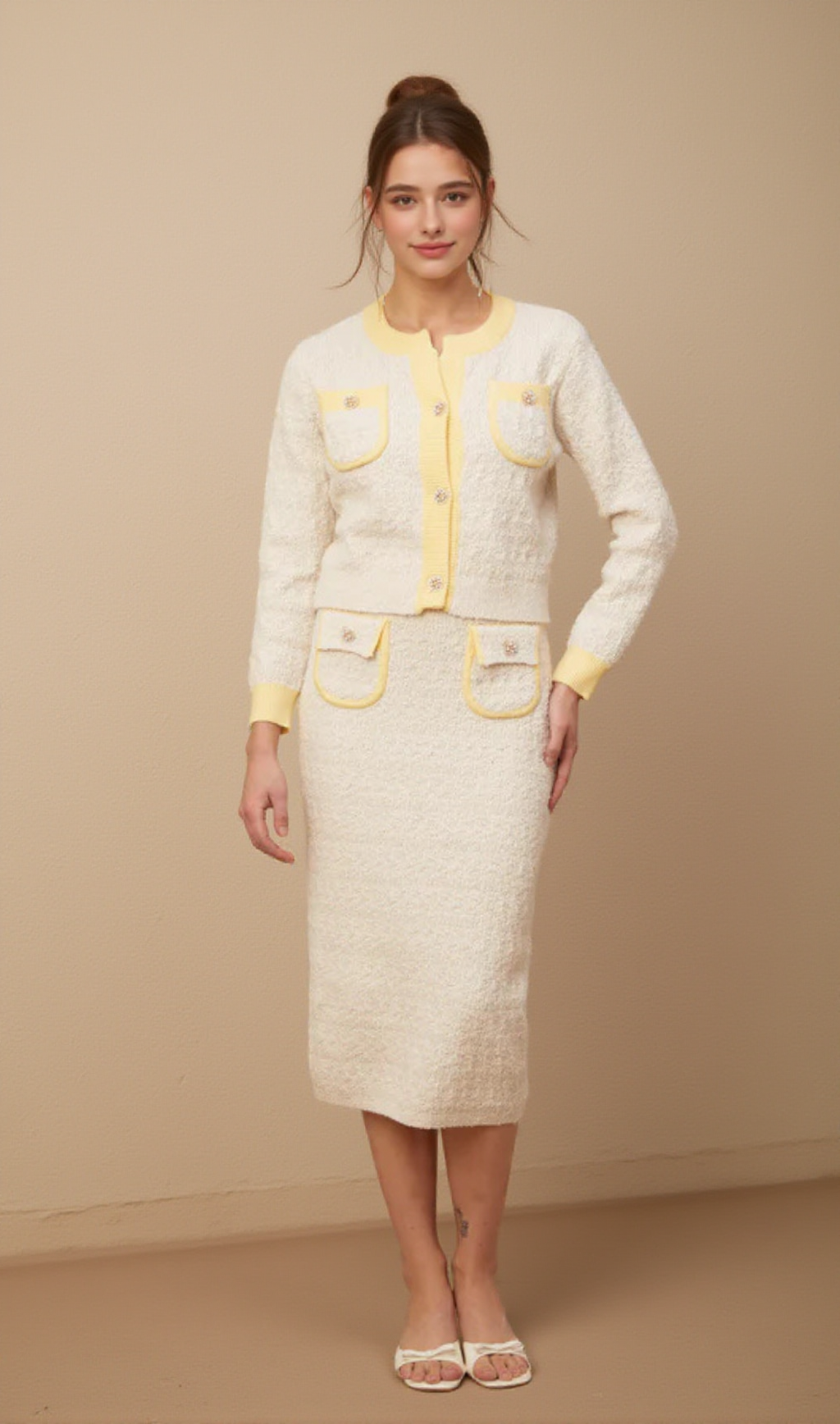 Jessie white textured knit cardigan & skirt matching set