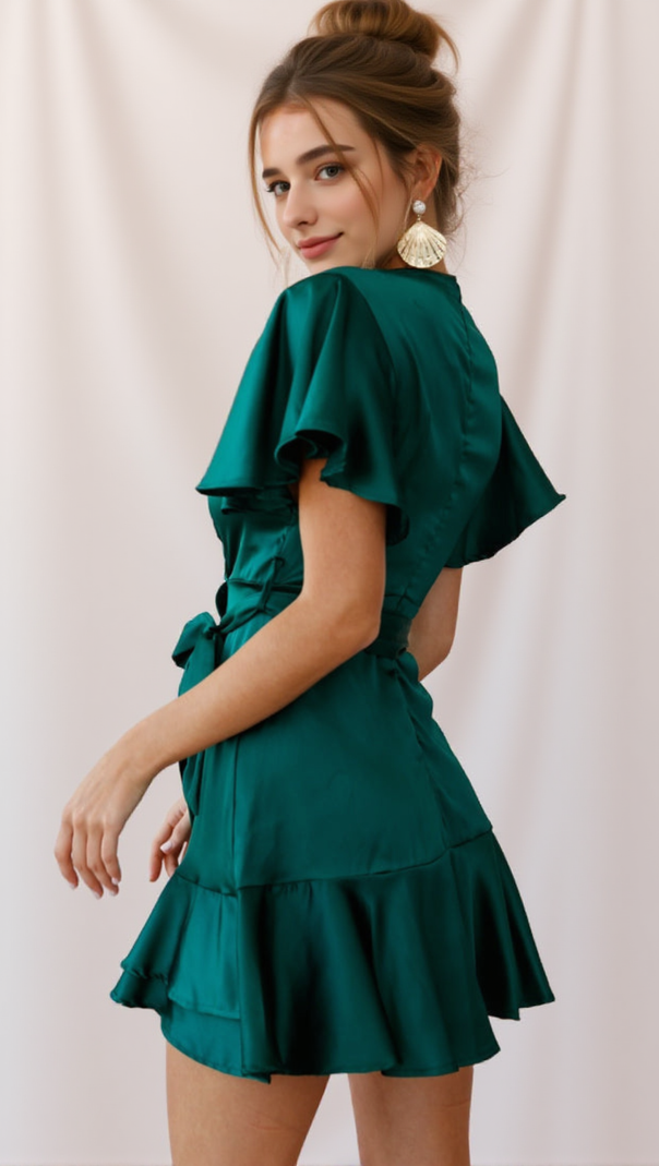 AIIZIE CAMI ANGEL SLEEVE FAUX WRAP DRESS JADE - product image
