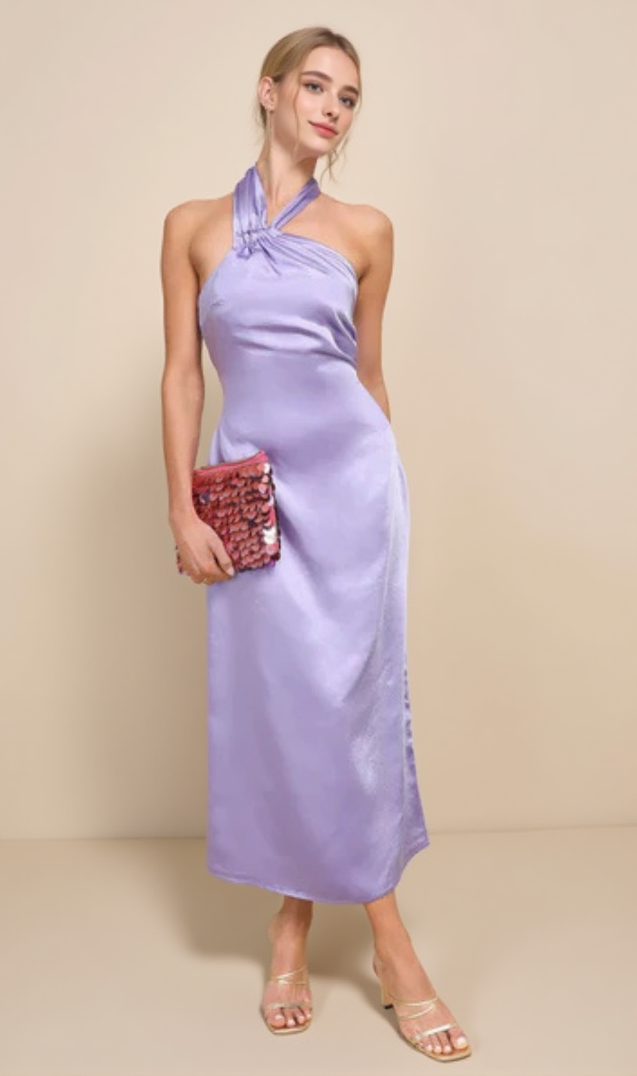 Perfectly Sleek – Lavendelfarbenes Neckholder-Midikleid aus Satin 