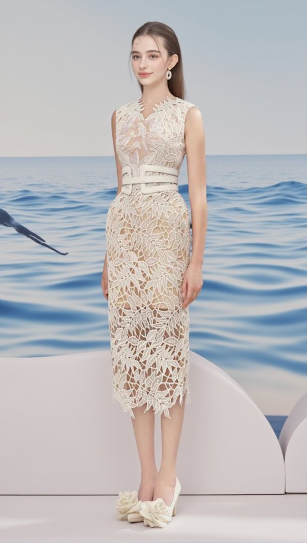 AIIZIE VANESSA SLEEVELESS LACE EMBROIDERED MIDI DRESS IN WHITE - product image