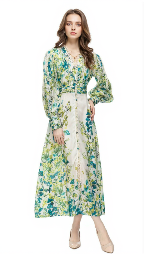 GREEN FLORAL PRINTED MAXI DRESS