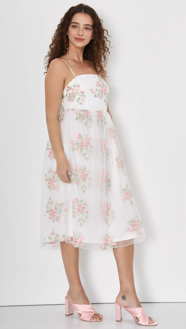 AIIZIE WHITE FLORAL EMBROIDERED TULLE MIDI DRESS - product image