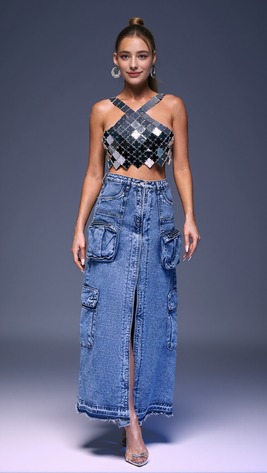 POCKET SPLIT DENIM SKIRT IN BLUE