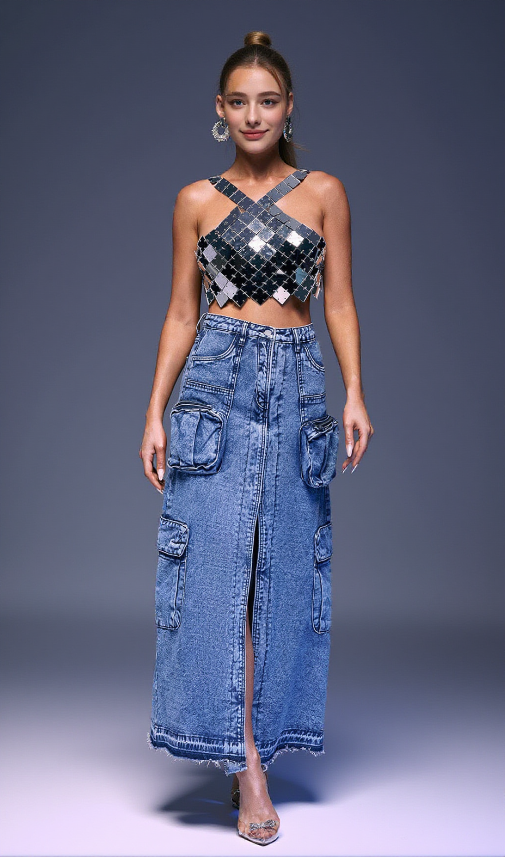 POCKET SPLIT DENIM SKIRT IN BLUE