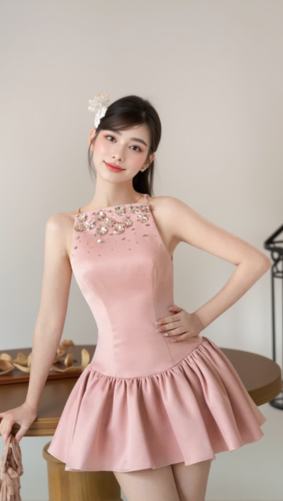 CRYSTAL EMBELLISHED VEST MINI DRESS IN PINK